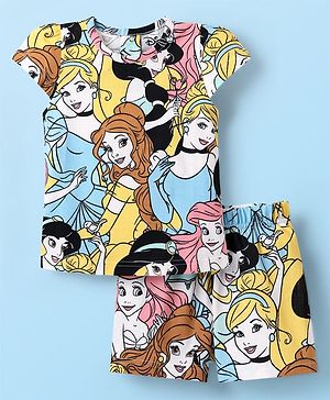 Babyhug Disney Single Jersey Knit Half Sleeves Co-ords Shorts Night Suit with Disney Princess Graphics - White