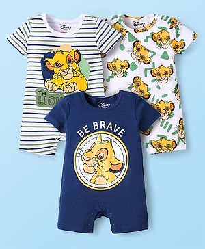 Babyhug 100% Cotton Knit Half Sleeves Romper With Simba Graphic Pack Of 3 - Navy Blue & White