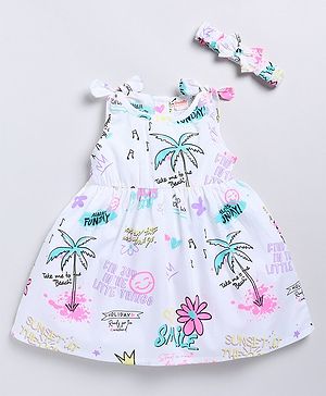 Snuggly MONKEY Poplin Sleeveless Beach Theme Printed Dress With Headband Set - White