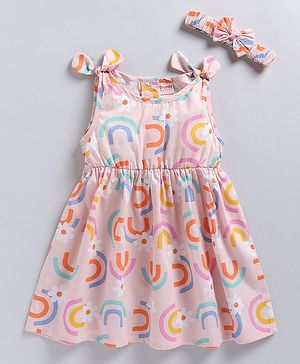 Snuggly MONKEY Poplin Sleeveless Floral Printed Dress With Headband Set - Light Peach