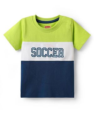 Babyhug Cotton Knit Half Sleeves Cut & Sew T-Shirt with Text Print - Navy Blue Light Green & White