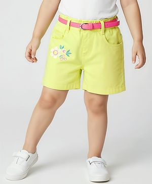 Babyhug Twill Woven Mid Thigh Floral Embroidery Shorts With Belt & Stretch - Lime Green