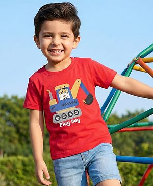 Babyhug Cotton Knit Half Sleeves T-Shirt with Giraffe Print - Red