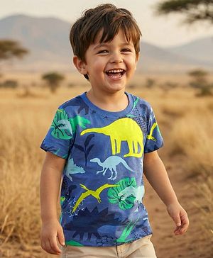 Babyhug Cotton Knit Half Sleeves T-Shirt with Dino Print - Navy Blue