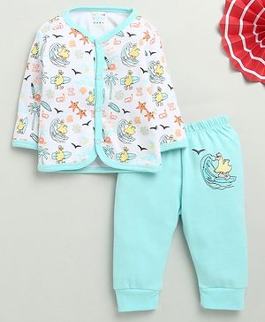 BUMZEE Cotton Knit Full Sleeves Duck & Beach Theme Printed Coordinating Jhabla & Pajama Set - White & Sky Blue