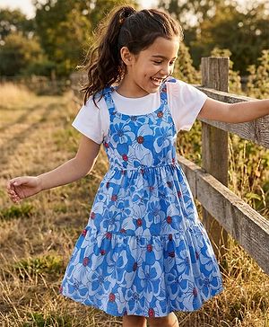 Pine Kids Cotton Knit Frock & Half Bell Sleeves Inner Tee With Floral Print - Blue & White