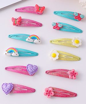 Babyhug Snap Hair Clips with Butterfly Floral & Heart Applique Pack of 12 - Light Blue Pink & Yellow