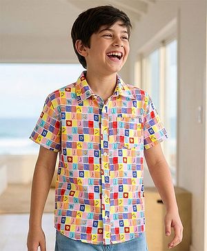Pine Kids Viscose Woven Half Sleeves Shirt with Sea life Print - Red & Blue