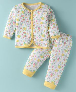 BUMZEE Cotton Knit Full Sleeves Co-Ord Nightsuit with Floral Print - White & Yellow