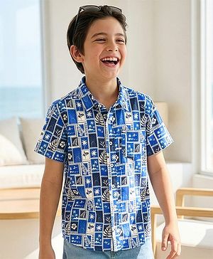 Pine Kids Viscose Woven Half Sleeves Shirt with Beach Theme Print - Blue