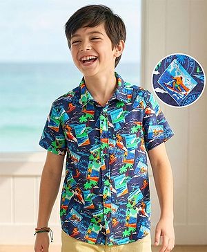 Pine Kids Viscose TWILL Woven Half Sleeves Shirt with Beach Theme Print - Navy Blue