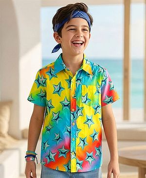 Pine Kids Viscose Woven Half Sleeves Shirt With Star Print - Multicolor