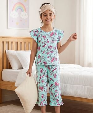 Pine Kids Cotton Knit Frill Sleeves Co-ords Capri Night Suit with Floral Print - Sea Green