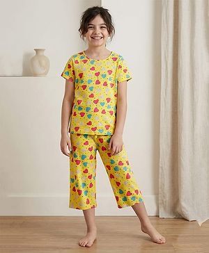 Pine Kids Cotton Knit Half Sleeves Co-ords Night Suit with Heart Print - Yellow