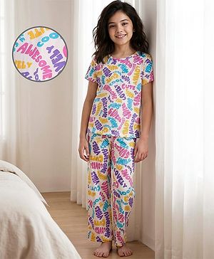 Pine Kids Cotton Knit Half Sleeves Co-ords Capri Night Suit with Text Print - White
