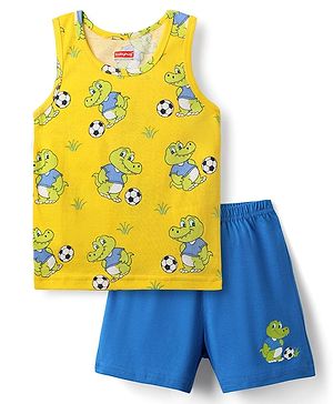 Babyhug 100% Cotton Single Jersey Knit Sleeveless Sando & Shorts Set with Dino Print - Yellow & Blue