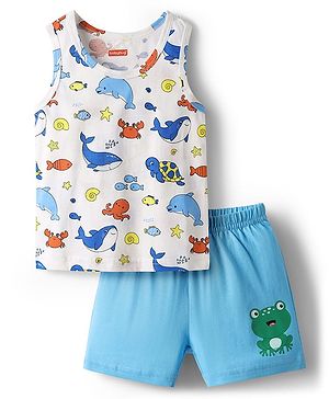 Babyhug 100% Cotton Single Jersey Knit Sleeveless Sando & Shorts Set With Sea Theme Print - White & Light Blue