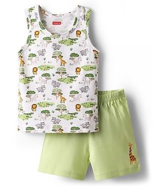 Babyhug 100% Cotton Single Jersey Knit Sleeveless Sando & Shorts Set With Animal Print - White & Light Green
