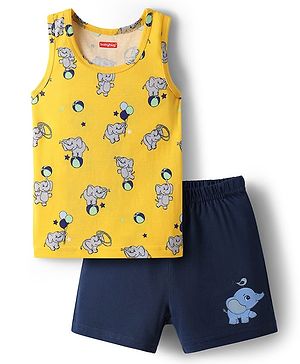 Babyhug 100% Cotton Single Jersey Knit Sando & Shorts Set With Elephant Print - Yellow & Navy Blue