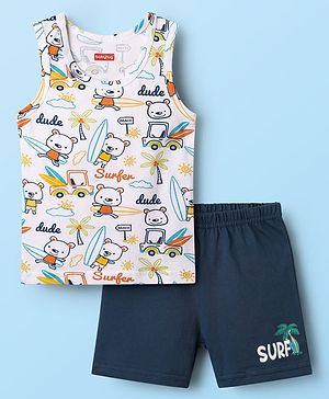 Babyhug 100% Cotton Single Jersey Knit Sleeveless Sando & Shorts Set With Beach Theme Print - White & Navy Blue