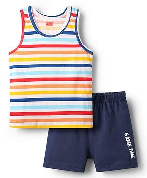 Babyhug 100% Cotton Single Jersey Knit Sleeveless Sando & Shorts Set With Stripes - Yellow & Navy Blue