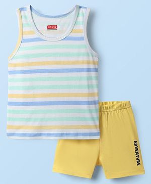 Babyhug 100% Cotton Single Jersey Knit Sleeveless Sando & Shorts Set - White & Yellow
