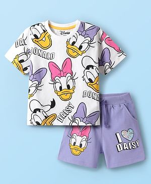Babyhug Disney Single Jersey Knit Half Sleeves Oversize Drop Shoulder Half Sleeves T-Shirt & Shorts With Daisy Duck Graphic - Purple