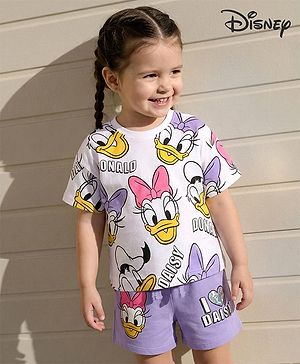 Babyhug Disney Single Jersey Knit Half Sleeves Oversized Drop Shoulder Half Sleeves T-Shirt & Shorts With Daisy Duck Graphic - Purple