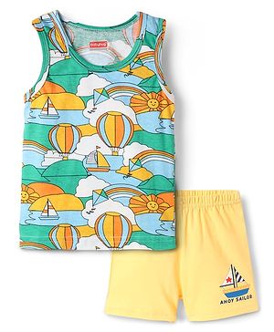 Babyhug 100% Cotton Single Jersey Knit Sando & Shorts Set With Boat Print - Yellow & Green