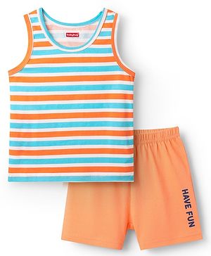 Babyhug 100% Cotton Single Jersey Knit Sleeveless Sando & Shorts Set With Stripes - Orange & Light Blue