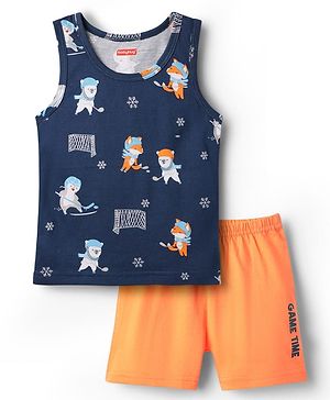 Babyhug 100% Cotton Single Jersey Knit Sleeveless Sando & Shorts Set With Animal Print - Navy Blue & Orange