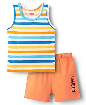 Babyhug 100% Cotton Single Jersey Knit Sleeveless Sando & Shorts Set With Stripes - Yellow & Orange
