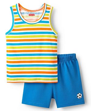 Babyhug 100% Cotton Single Jersey Knit Sleeveless Sando & Shorts Set With Stripes - Blue & Lime