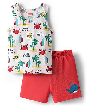 Babyhug 100% Cotton Single Jersey Knit Sleeveless Sando & Shorts Set With Beach Theme Print - Red & White