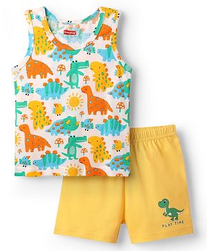Babyhug 100% Cotton Single Jersey Knit Sleeveless Sando & Shorts Set With Dino Print - Yellow & White