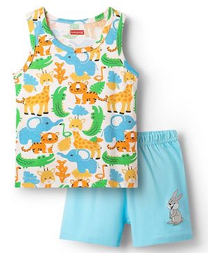 Babyhug 100% Cotton Single Jersey Knit Sleeveless Sando & Shorts Set With Animal Print - White & Light Blue