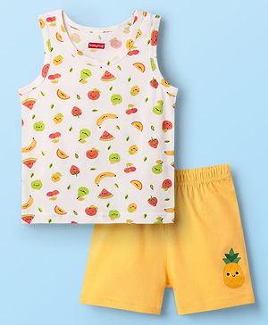 Babyhug 100% Cotton Single Jersey Knit Sleeveless Sando & Shorts Set With Tropical Theme - Yellow & White