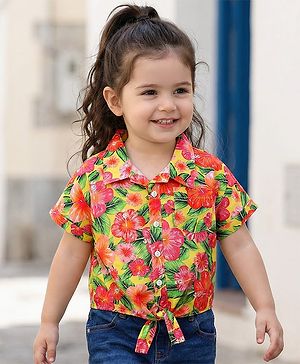 Babyhug Poplin Woven Half Sleeves Collared Knotted Top with Floral Print - Yellow