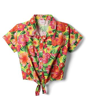 Babyhug Poplin Woven Half Sleeves Collared Knotted Top with Floral Print - Yellow