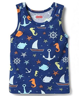Babyhug 100% Cotton Single Jersey Knit Sleeveless Sando with Fish Print - Blue