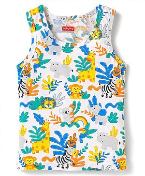 Babyhug 100% Cotton Single Jersey Knit Sleeveless Sando With Animal Print - White