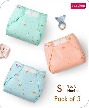 Babyhug Waterproof Both Side Plastic Nappy Small Size Set of 3 - Dolphin Print| Reusable| Easy to Clean and Maintain| Adjustable Velcro Closure