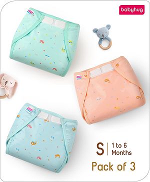 Babyhug Waterproof Nappy with Terry Inner Layer Small Size Set of 3 - Dolphin Print| Reusable| Easy to Clean and Maintain| Adjustable Velcro Closure