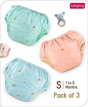 Babyhug Waterproof Pant Style Nappy with Elastic Small Size Set of 3 - Dolphin Print| Reusable| Easy to Clean and Maintain| Leak Proof| Soft Terry Inner Lining
