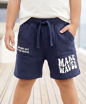 Babyhug Terry Cotton Knit Knee Length Shorts With Text Print - Navy Blue