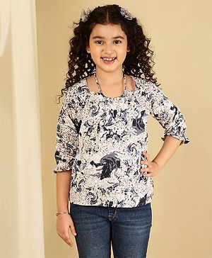 ISHTI Three Fourth Sleeves  Abstract Printed Top -  Navy Blue