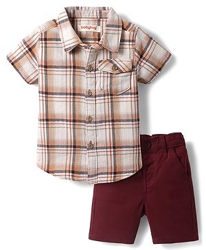 Babyhug Cotton Woven Half Sleeves Checkered Shirt & Shorts Set - Maroon