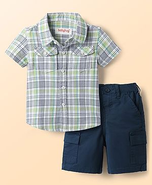 Babyhug Cotton Knit Half Sleeves Shirt & Shorts Set with Checks - Light Blue & Navy Blue