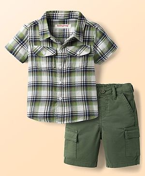 Babyhug Cotton Knit Half Sleeves Shirt & Shorts Set with Checks - Olive Green