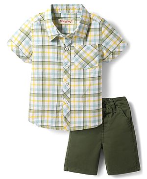 Babyhug Cotton Woven Half Sleeves Checkered Shirt & Shorts Set - Green
